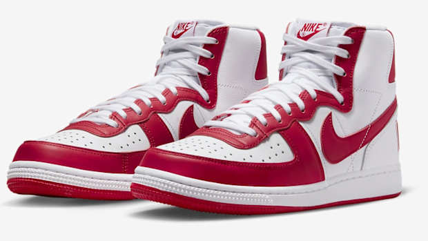 Side view of red and white Nike Terminator shoes.